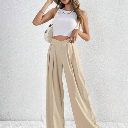 Pantalones anchos plisados de color liso, elegantes e informales para mujer