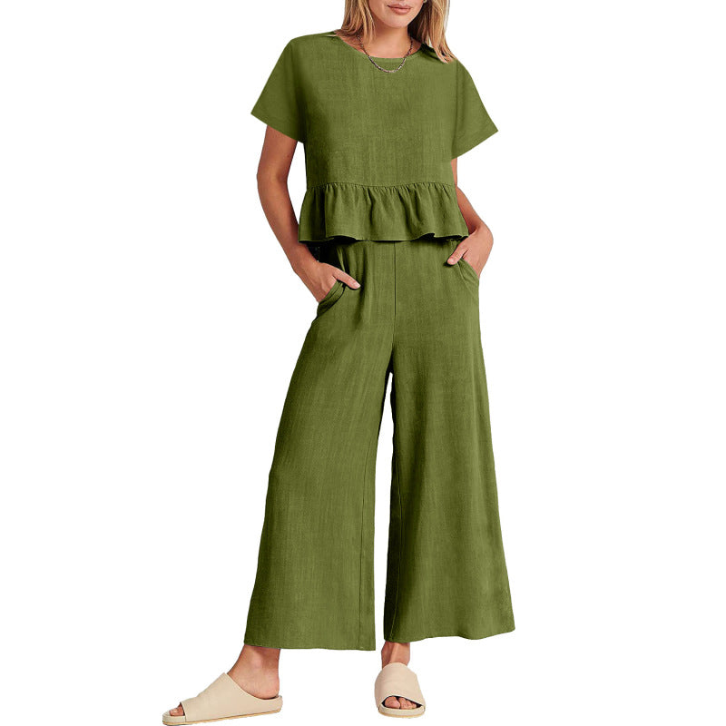 Conjunto de pantalón casual de manga corta con volantes de color liso para mujer