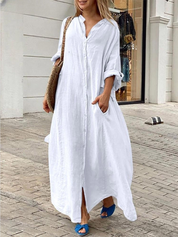 Women Fashion Casual Solid Color Cotton Linen Pocket Shirt Maxi Dress