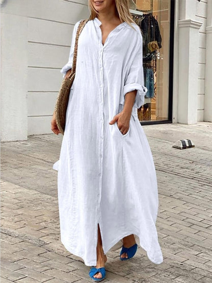 Women Fashion Casual Solid Color Cotton Linen Pocket Shirt Maxi Dress