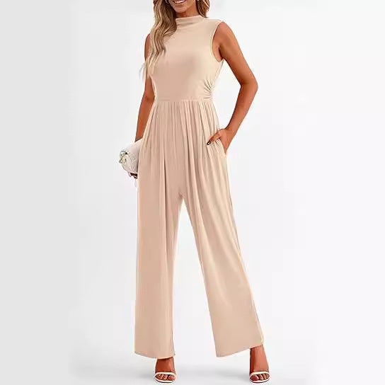 Summer Women Casual Solid Color Sleeveless Pocket Jumpsuit
