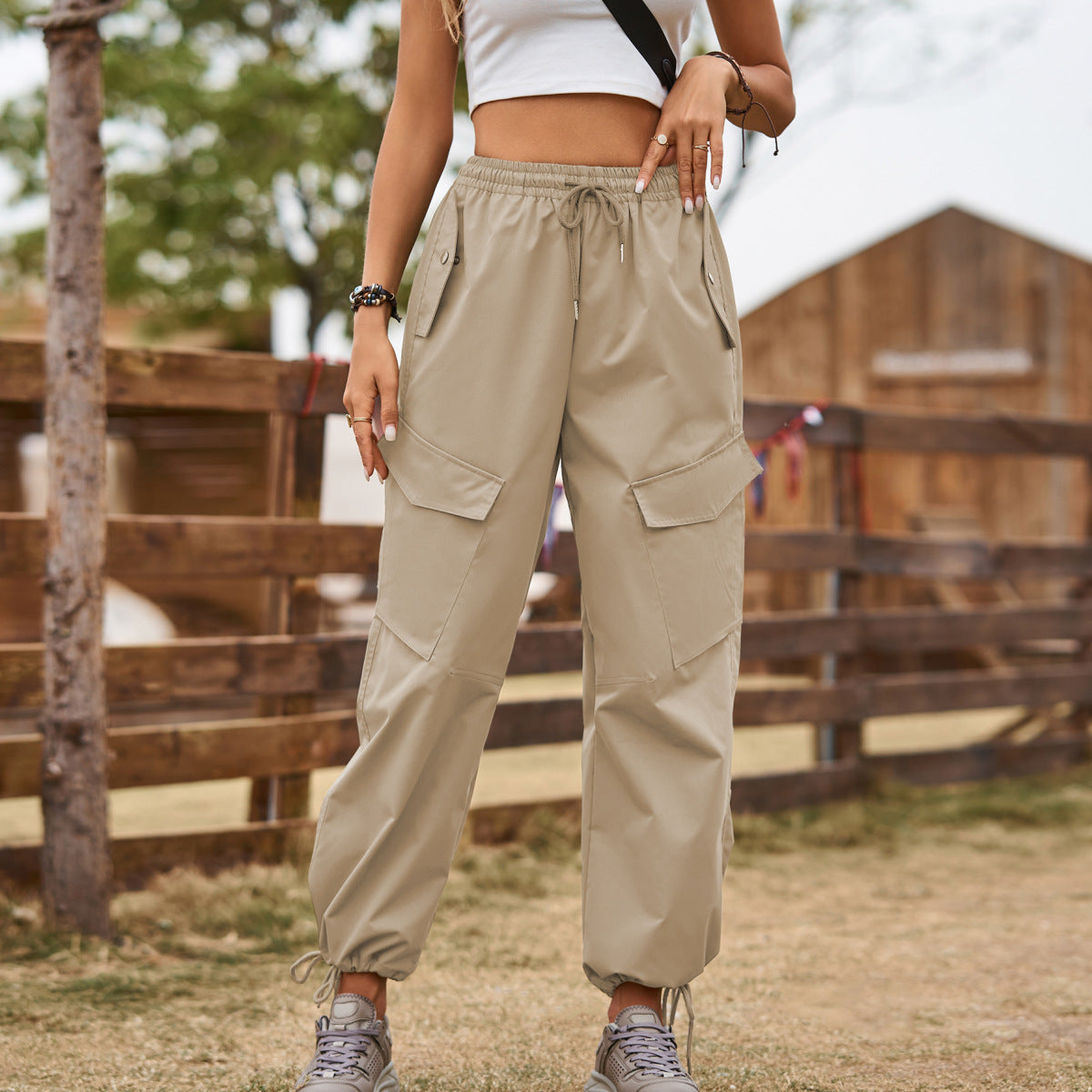 Street Loose Lace-Up Drawstring Elastic Waist Overalls Casual Cargo Pants