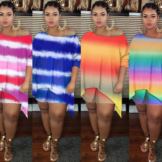 Conjunto de dos piezas de camiseta y pantalones cortos con estampado tie-dye, hombros oblicuos y dobladillo irregular para mujer