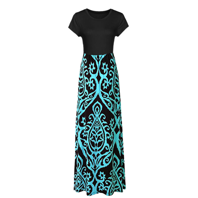 Vestido largo informal de manga corta con cuello redondo y estampado floral para mujer