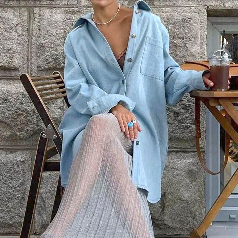 Camisa vaquera de imitación de manga larga con botones y solapa informal para mujer