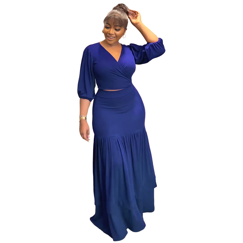 Conjunto de dos piezas formado por top corto, falda y pantalón corto, elegante, de color liso y ajustado, para mujer, otoño