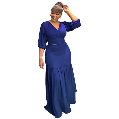 Conjunto de dos piezas formado por top corto, falda y pantalón corto, elegante, de color liso y ajustado, para mujer, otoño