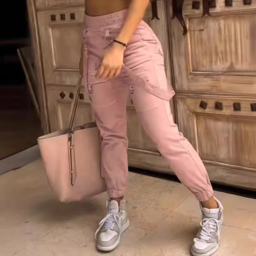 Women Fashion Casual Solid Color Multi-Pocket High Waist Slim-Fit Pants