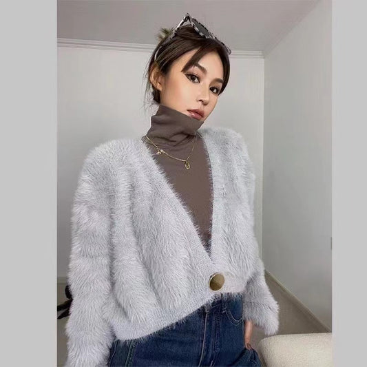 Chaqueta cárdigan de punto de felpa informal de moda para mujer de otoño e invierno