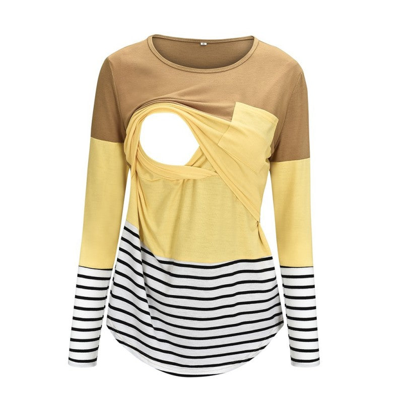 Top de lactancia de manga larga con cuello redondo y estampado de rayas informal de maternidad