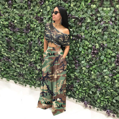 Women Camouflage Print Elastic Waist Wide Leg Pants Casual Pants Trousers