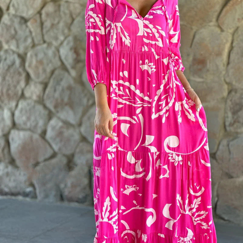 Women Casual Loose Graphic Printed V-Neck Plus Size Dress