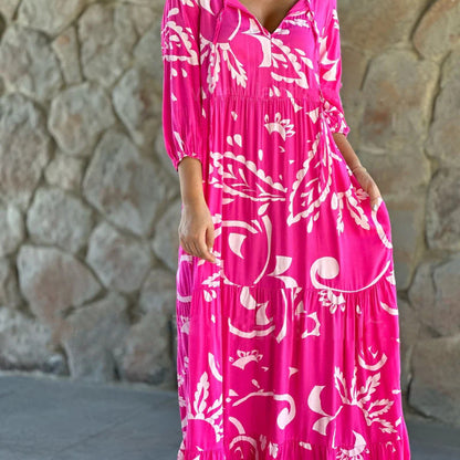 Women Casual Loose Graphic Printed V-Neck Plus Size Dress
