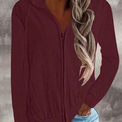 Autumn Winter Women Casual Solid Color Long Sleeve Zipper Cardigan Hooded Jacket