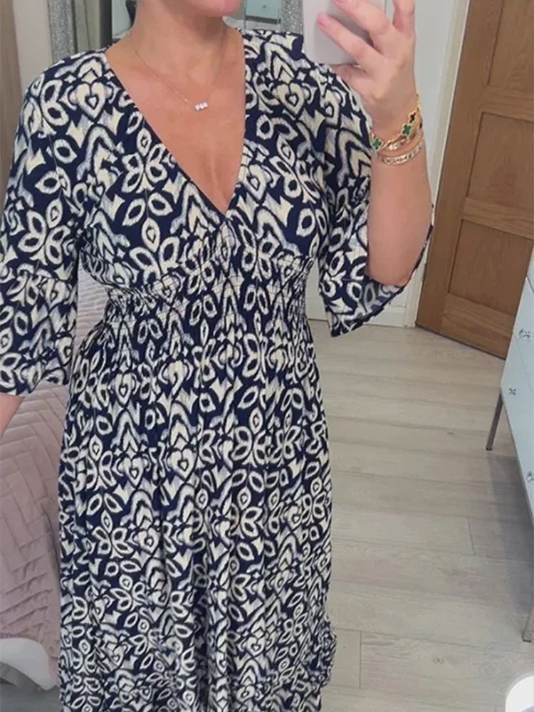 Vestido largo informal con cuello en V y estampado de flores pequeñas para mujer