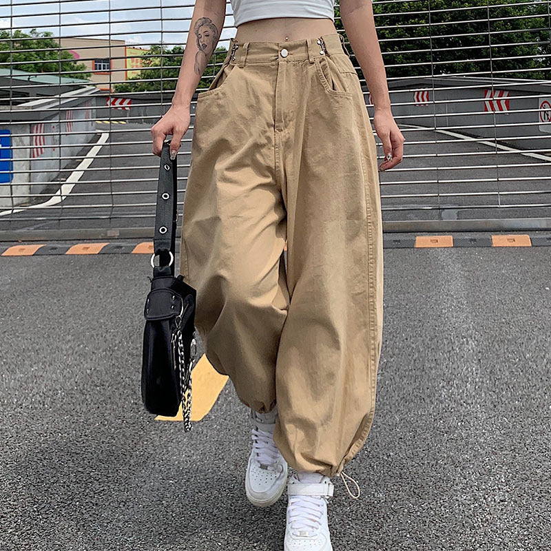 Women Khaki Strappy Overalls Loose Straight Casual Wide-Leg Jogger Pants