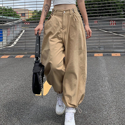 Women Khaki Strappy Overalls Loose Straight Casual Wide-Leg Jogger Pants
