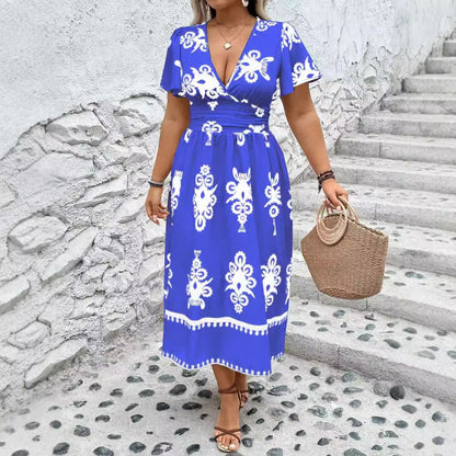 Women Fashion Casual Plus Size Geometric Print V-Neck Short-Sleeve Dress