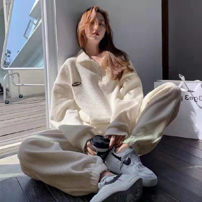 Conjunto deportivo de dos piezas para mujer: suéter tipo gofre, manga larga, top y pantalón