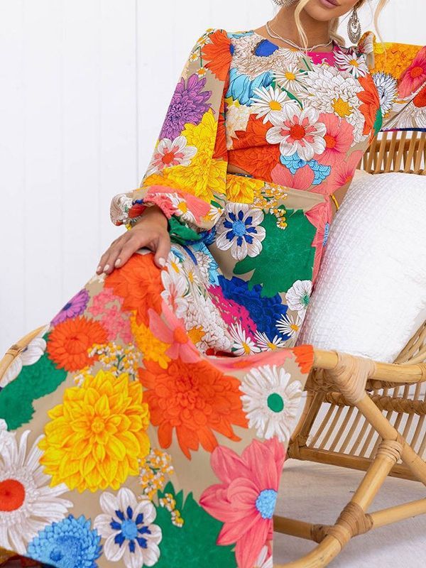 Vestido largo informal de manga larga con cordones y estampado floral para mujer