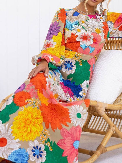 Vestido largo informal de manga larga con cordones y estampado floral para mujer