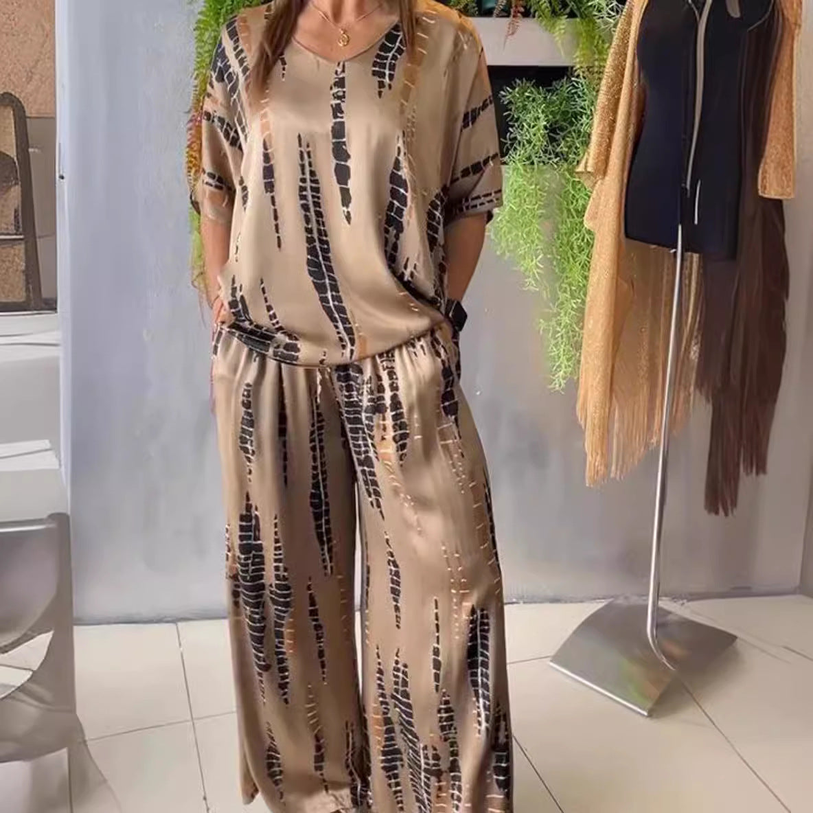 Conjunto de dos piezas de verano para mujer, informal, estampado, cuello redondo, manga corta, pantalones anchos y parte superior