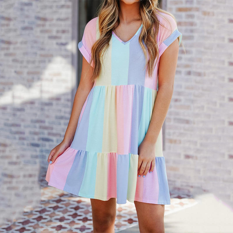 Women Fashion Casual V-Neck Color Blocking Dress