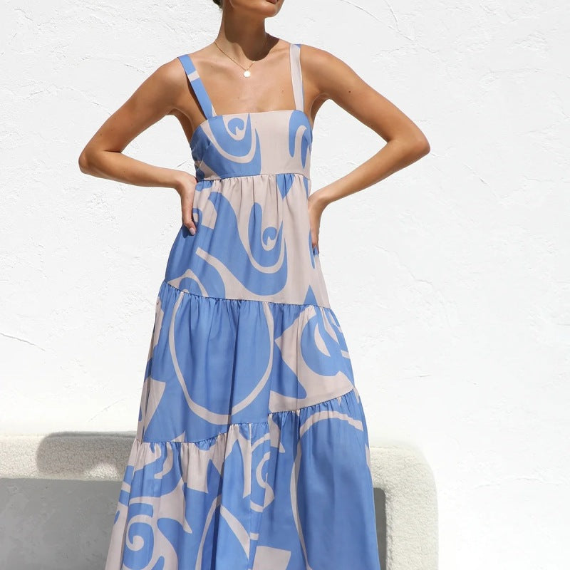 Summer Vacation Spring And Summer Women Boho Printing Fashion Strap Large Swing Casual Maxi Dress