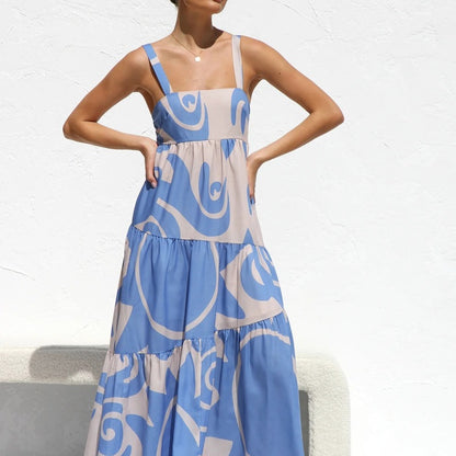 Summer Vacation Spring And Summer Women Boho Printing Fashion Strap Large Swing Casual Maxi Dress