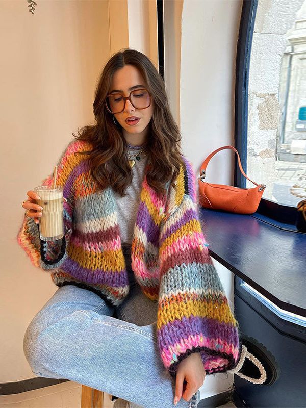 Women Fashion Casual Rainbow Stripe Long Sleeve Loose Knitwear