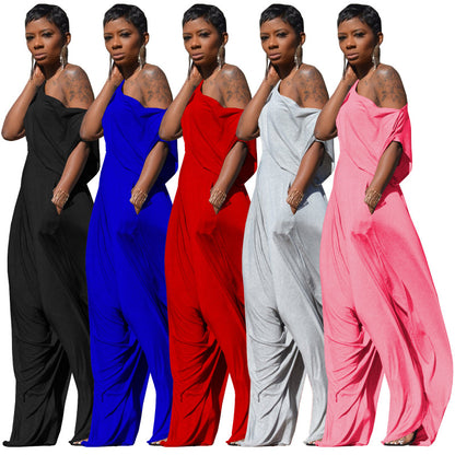 Conjunto de dos piezas de pantalones harén informales de algodón de color liso con hombros inclinados para mujer
