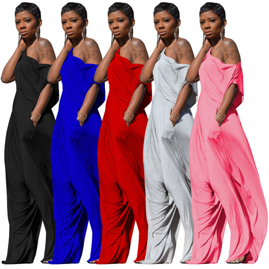Conjunto de dos piezas de pantalones harén informales de algodón de color liso con hombros inclinados para mujer