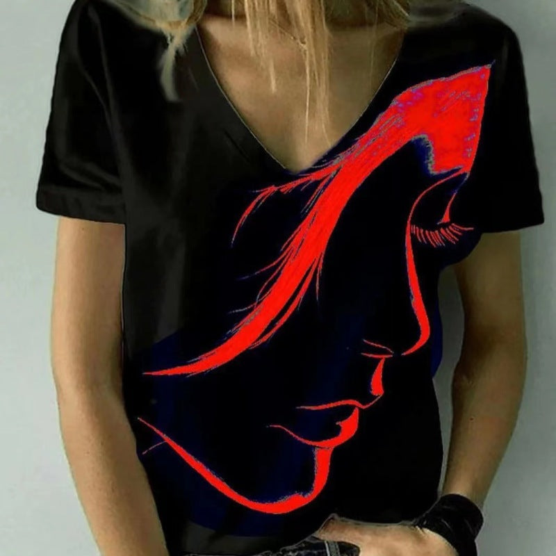Camiseta básica de verano con cuello en V y estampado 3D de personajes informales para mujer