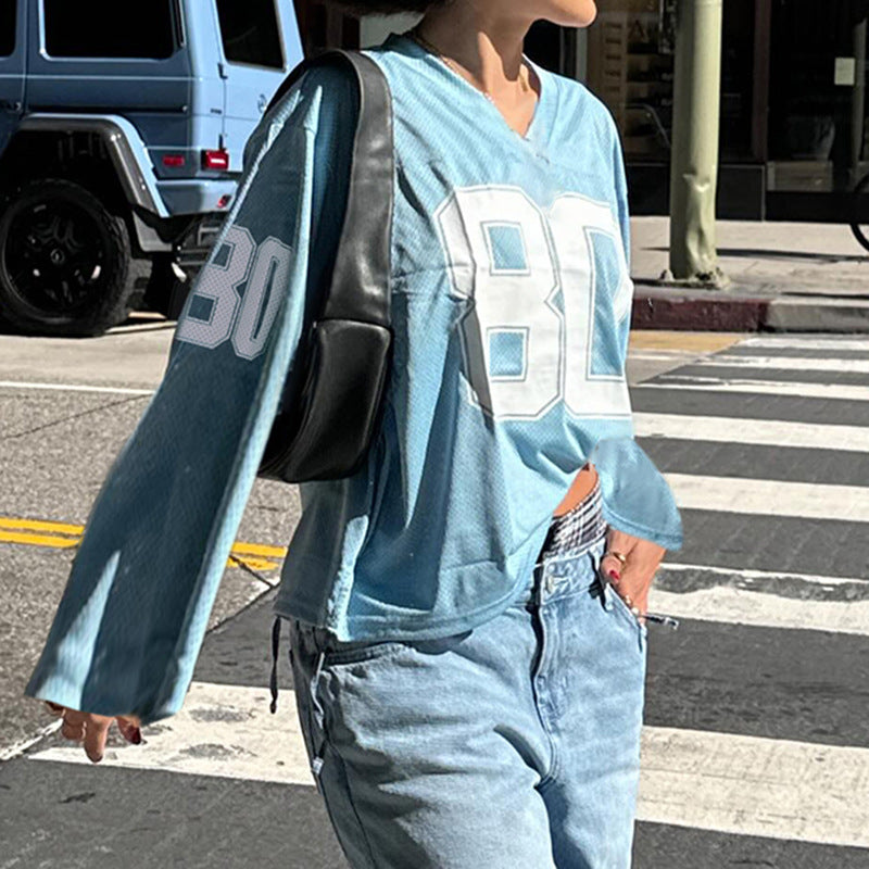 Camiseta de jersey de manga corta con cuello en V y estampado digital holgado informal para mujer