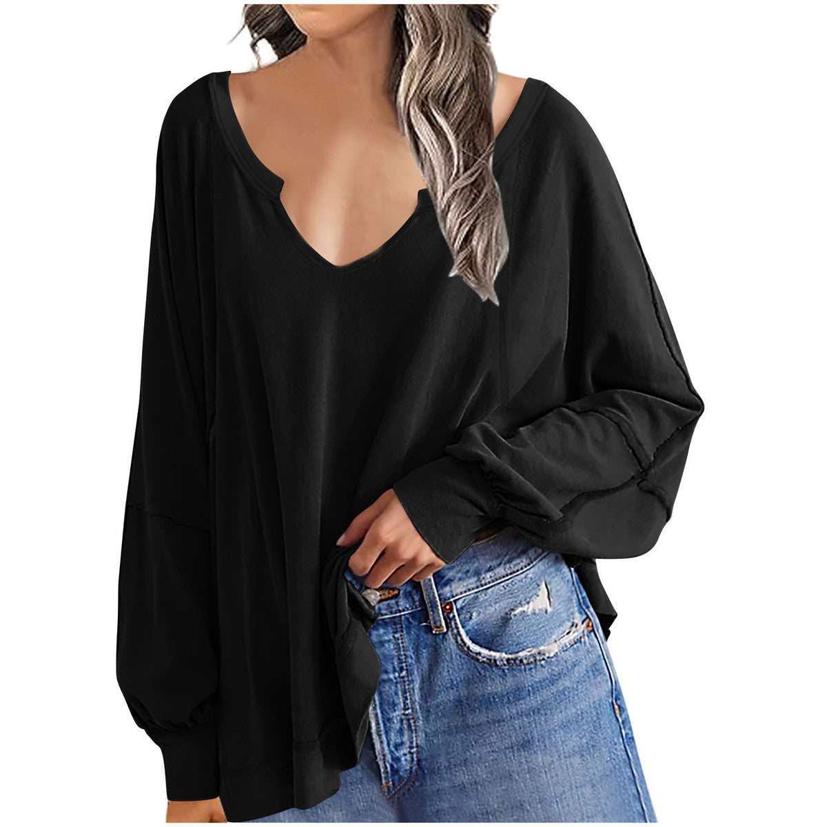 Camiseta informal holgada de manga larga con cuello en V y estampado irregular para mujer