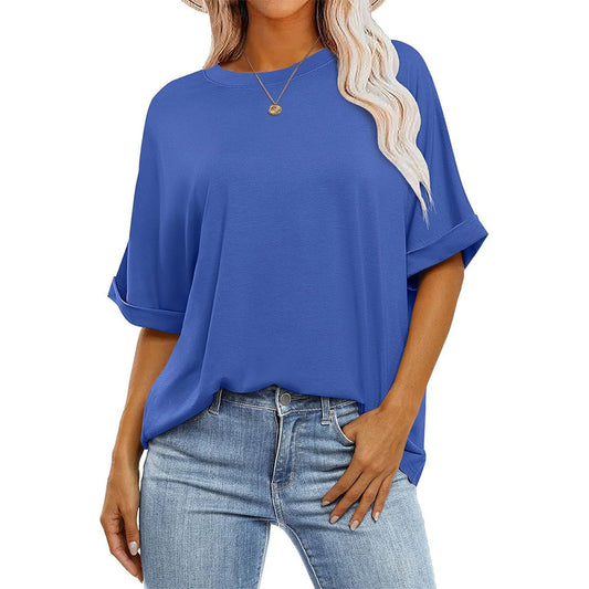 Women Casual Loose Solid Color Round Neck Short-Sleeve T-Shirt