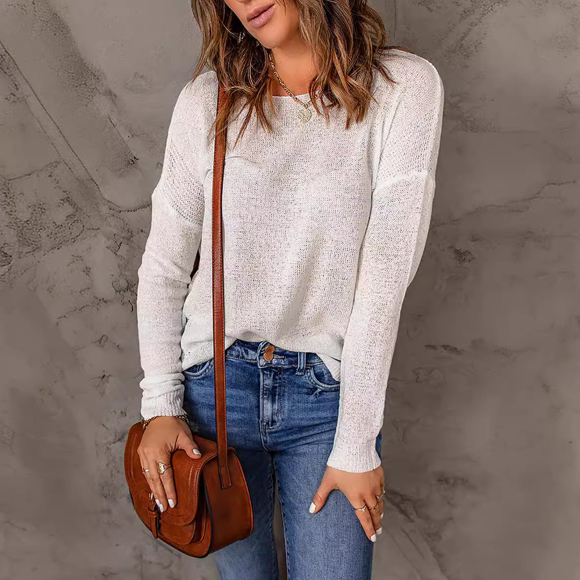 Women Casual Solid Color Round Neck Long Sleeve Knitted Sweater