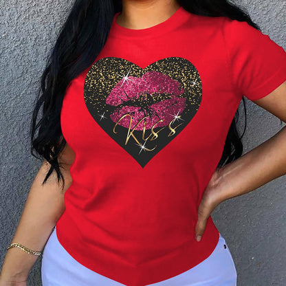Camiseta informal holgada de algodón con cuello redondo, manga corta y estampado de corazón para mujer, talla grande