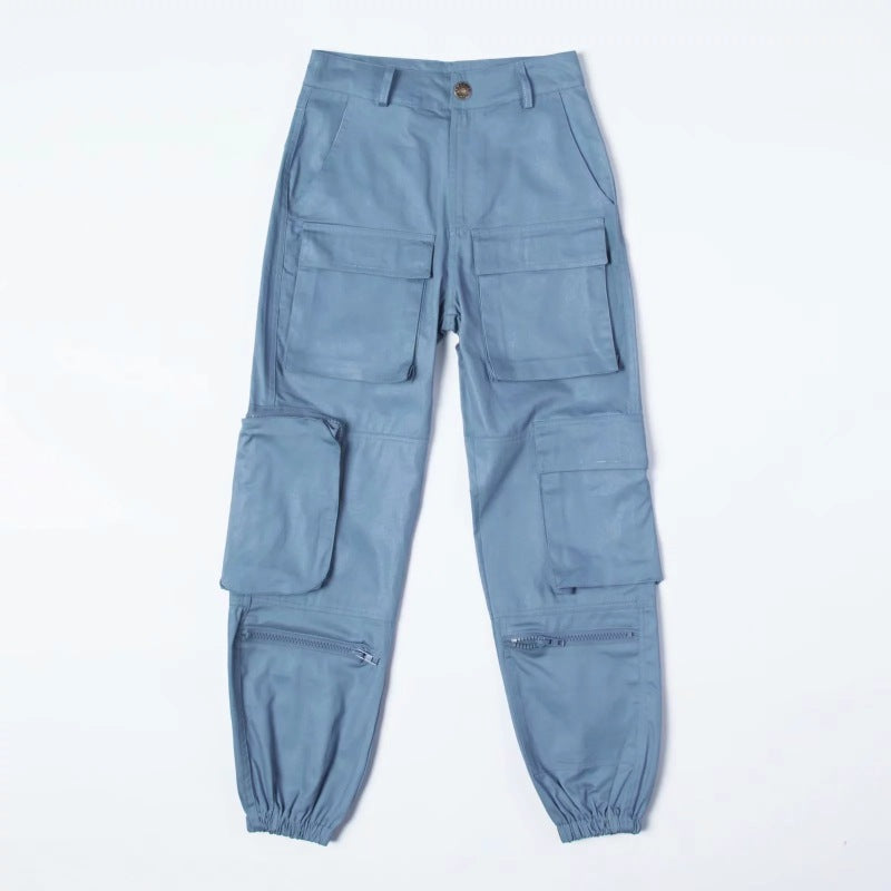 Fashion Women Multi-Pocket Loose Overalls High Waist Casual Solid Color Loose Jogger Pants