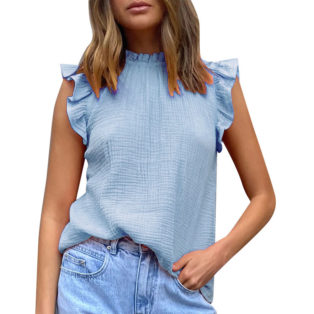 Blusa informal de gasa sin mangas con volantes y costuras de color liso para mujer