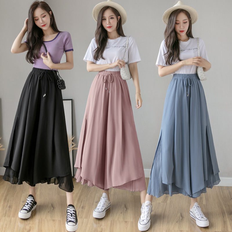Women Fashion Casual Solid Color Chiffon Culottes Pants