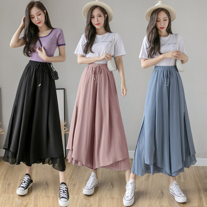 Women Fashion Casual Solid Color Chiffon Culottes Pants