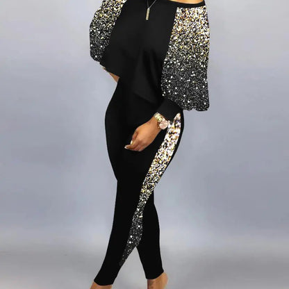 Conjunto de top holgado y pantalones ajustados con estampado gráfico informal de moda para mujer