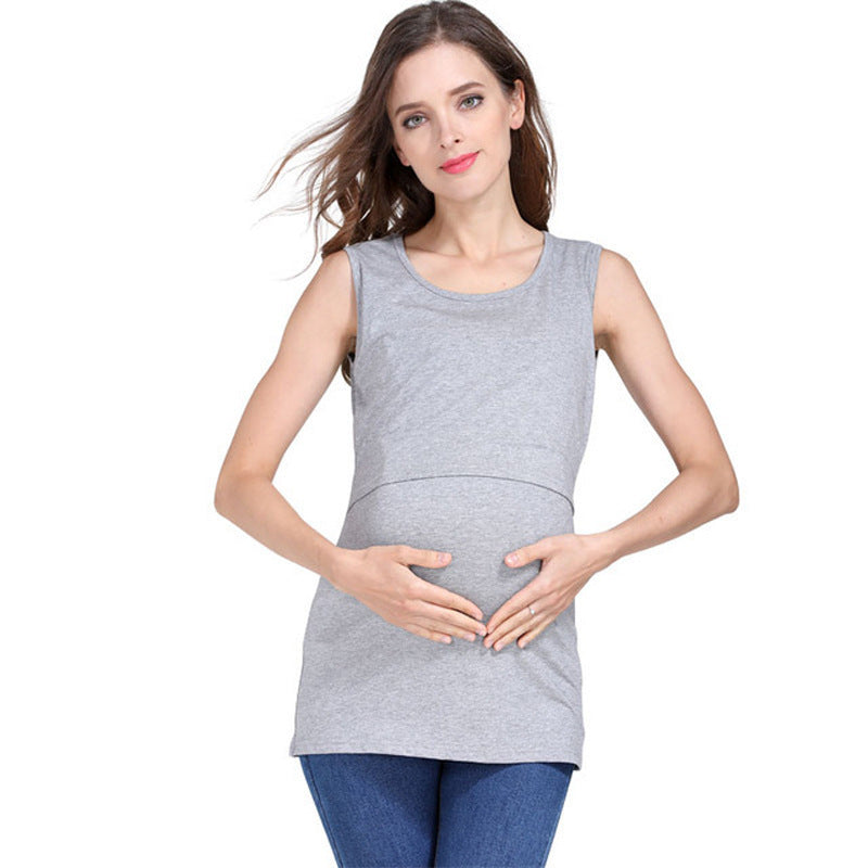 Summer Pregnant Women Casual Solid Color Round Neck Sleeveless Breast-Feeding Tank Top