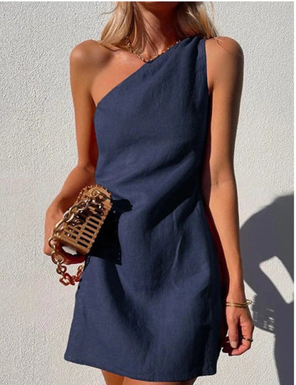 Women Casual Solid Color Slim-Fit One-Shoulder Dress