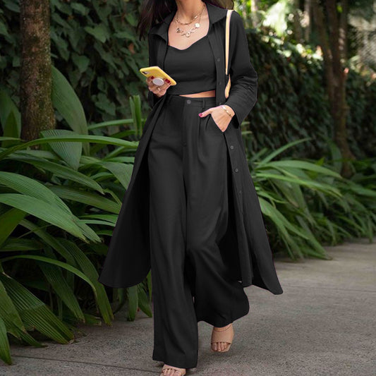 Elegante gabardina informal lisa para mujer, top corto, pantalones de pierna ancha, conjunto de trabajo