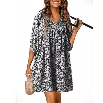 Vestido bohemio informal con estampado floral y cuello en V y mangas farol para mujer
