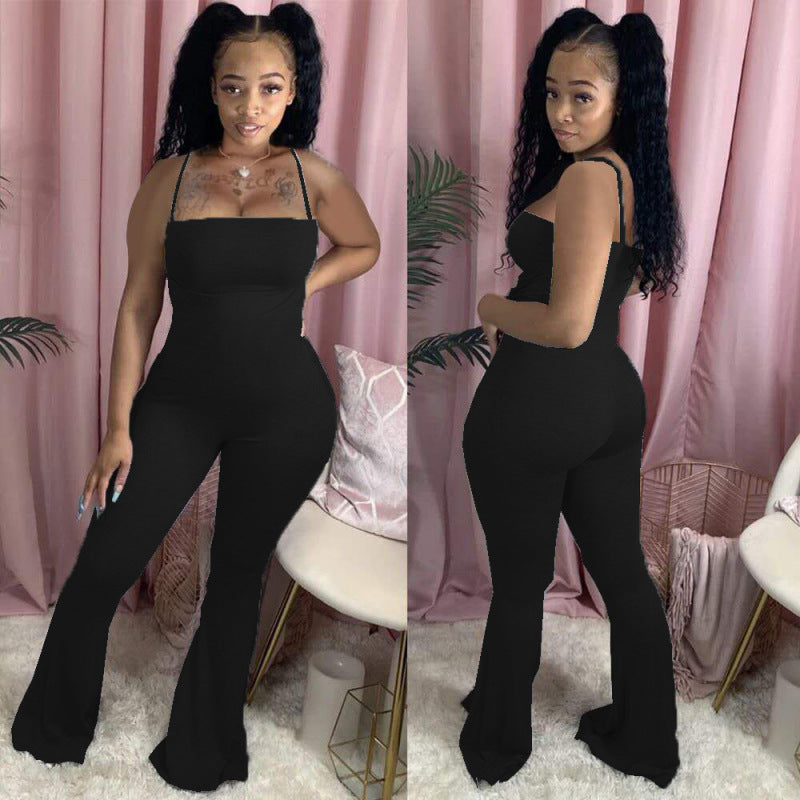 Women Solid Color Sling Skinny Flared Casual Jumpsuit