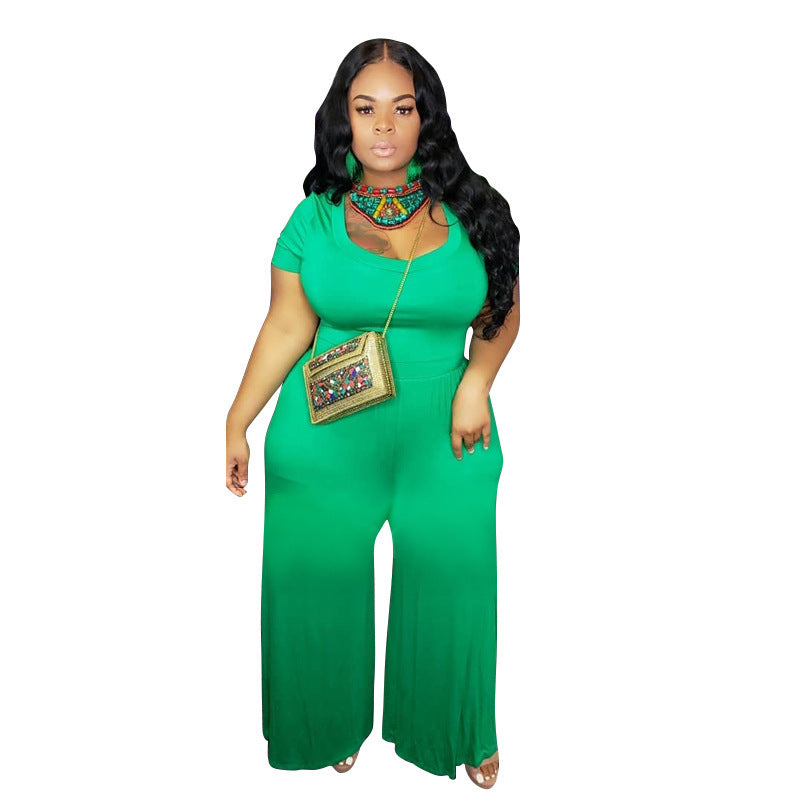 Women Elegant Basic Solid Color Short-sleeved Fashion Casual Plus Size Wide Leg Jumpsuits