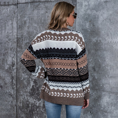 Women Casual Loose Geometric Round Neck Knitted Sweater